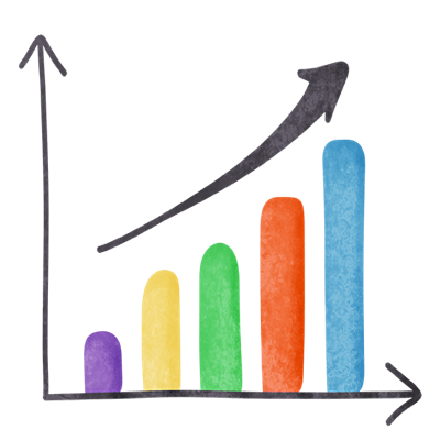 Bar chart with rising columns and upward arrow representing growth